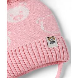 Babyhug Woollen Cap WIth Bear Design in Pink - Diameter 15 cm