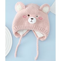 Babyhug Woollen Cap with Knot and Bear Face & Applique Pink - Diameter 17 cm