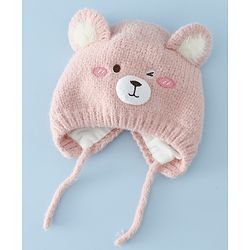 Babyhug Woollen Cap with Knot and Bear Face & Applique Pink - Diameter 17 cm