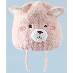 Babyhug Woollen Cap with Knot and Bear Face & Applique Pink - Diameter 17 cm