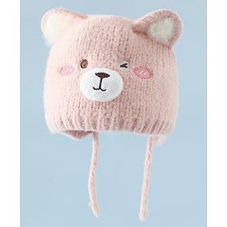 Babyhug Woollen Cap with Knot and Bear Face & Applique Pink - Diameter 17 cm