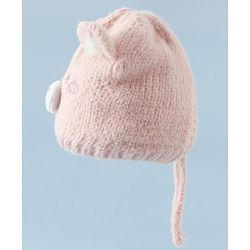 Babyhug Woollen Cap with Knot and Bear Face & Applique Pink - Diameter 17 cm