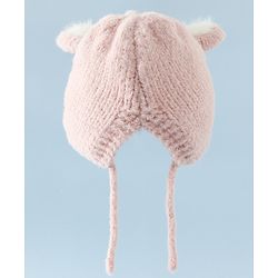 Babyhug Woollen Cap with Knot and Bear Face & Applique Pink - Diameter 17 cm