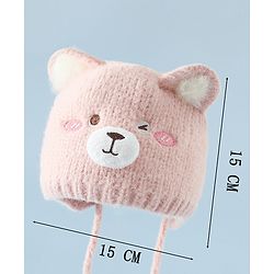 Babyhug Woollen Cap with Knot and Bear Face & Applique Pink - Diameter 17 cm