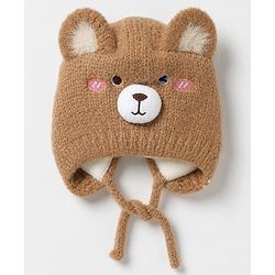 Babyhug Woollen Cap with Knot and Bear Face & Applique Pink - Diameter 17 cm