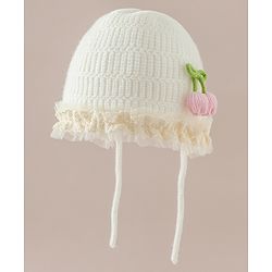 Babyhug Woollen Cap With Floral Applique & Frill Detailing Off White - Diameter 9 cm