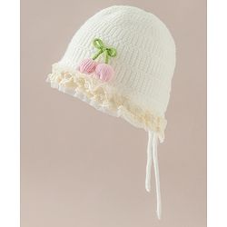 Babyhug Woollen Cap With Floral Applique & Frill Detailing Off White - Diameter 9 cm