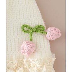 Babyhug Woollen Cap With Floral Applique & Frill Detailing Off White - Diameter 9 cm