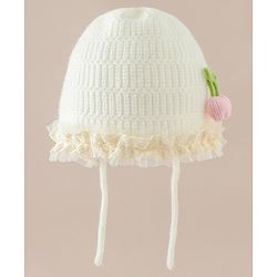Babyhug Woollen Cap With Floral Applique & Frill Detailing Off White - Diameter 9 cm