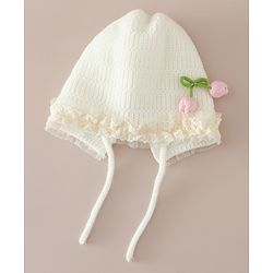 Babyhug Woollen Cap With Floral Applique & Frill Detailing Off White - Diameter 9 cm