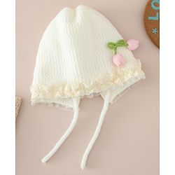 Babyhug Woollen Cap With Floral Applique & Frill Detailing Off White - Diameter 9 cm
