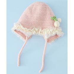 Babyhug Woollen Cap With Floral Applique & Frill Detailing Off White - Diameter 9 cm