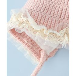 Babyhug Woollen Cap With Floral Applique & Frill Detailing Off White - Diameter 9 cm