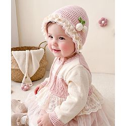 Babyhug Woollen Cap With Floral Applique & Frill Detailing Off White - Diameter 9 cm