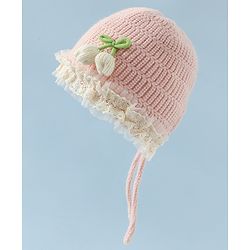 Babyhug Woollen Cap With Floral Applique & Frill Detailing Off White - Diameter 9 cm