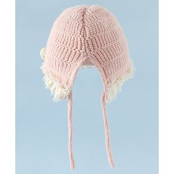 Babyhug Woollen Cap With Floral Applique & Frill Detailing Off White - Diameter 9 cm