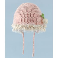 Babyhug Woollen Cap With Floral Applique & Frill Detailing Off White - Diameter 9 cm