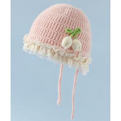 Babyhug Woollen Cap With Floral Applique & Frill Detailing Off White - Diameter 9 cm