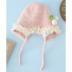 Babyhug Woollen Cap With Floral Applique & Frill Detailing Off White - Diameter 9 cm