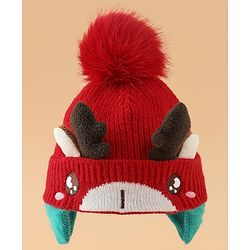 Babyhug Woollen Cap with Pom Pom & Reindeer Applique in Red - Diameter 17.5 cm