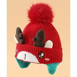 Babyhug Woollen Cap with Pom Pom & Reindeer Applique in Red - Diameter 17.5 cm
