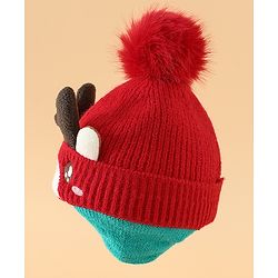 Babyhug Woollen Cap with Pom Pom & Reindeer Applique in Red - Diameter 17.5 cm
