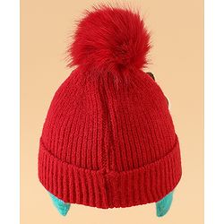 Babyhug Woollen Cap with Pom Pom & Reindeer Applique in Red - Diameter 17.5 cm