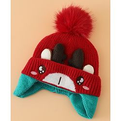 Babyhug Woollen Cap with Pom Pom & Reindeer Applique in Red - Diameter 17.5 cm