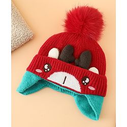 Babyhug Woollen Cap with Pom Pom & Reindeer Applique in Red - Diameter 17.5 cm