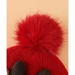 Babyhug Woollen Cap with Pom Pom & Reindeer Applique in Red - Diameter 17.5 cm