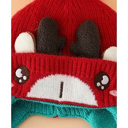 Babyhug Woollen Cap with Pom Pom & Reindeer Applique in Red - Diameter 17.5 cm
