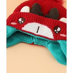 Babyhug Woollen Cap with Pom Pom & Reindeer Applique in Red - Diameter 17.5 cm