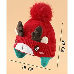 Babyhug Woollen Cap with Pom Pom & Reindeer Applique in Red - Diameter 17.5 cm