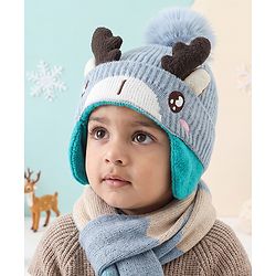 Babyhug Woollen Cap with Pom Pom & Reindeer Applique in Red - Diameter 17.5 cm