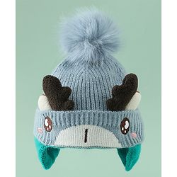 Babyhug Woollen Cap with Pom Pom & Reindeer Applique in Red - Diameter 17.5 cm