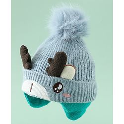 Babyhug Woollen Cap with Pom Pom & Reindeer Applique in Red - Diameter 17.5 cm