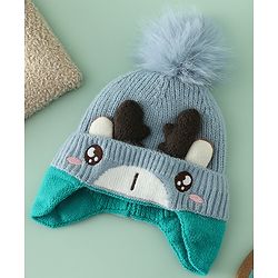 Babyhug Woollen Cap with Pom Pom & Reindeer Applique in Red - Diameter 17.5 cm