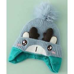 Babyhug Woollen Cap with Pom Pom & Reindeer Applique in Red - Diameter 17.5 cm