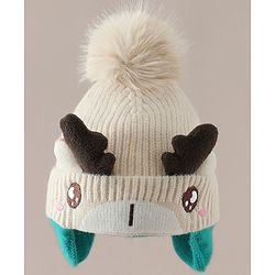 Babyhug Woollen Cap with Pom Pom & Reindeer Applique in Red - Diameter 17.5 cm