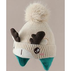 Babyhug Woollen Cap with Pom Pom & Reindeer Applique in Red - Diameter 17.5 cm