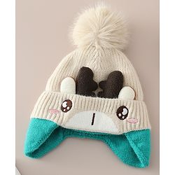 Babyhug Woollen Cap with Pom Pom & Reindeer Applique in Red - Diameter 17.5 cm