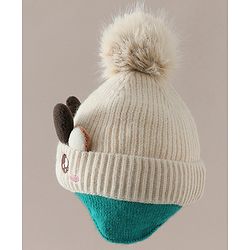 Babyhug Woollen Cap with Pom Pom & Reindeer Applique in Red - Diameter 17.5 cm