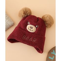 Babyhug Woollen Pom Pom Cap With Bear Design Brown - Diameter 11 cm