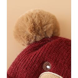 Babyhug Woollen Pom Pom Cap With Bear Design Brown - Diameter 11 cm