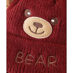 Babyhug Woollen Pom Pom Cap With Bear Design Brown - Diameter 11 cm
