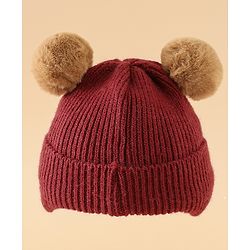 Babyhug Woollen Pom Pom Cap With Bear Design Brown - Diameter 11 cm