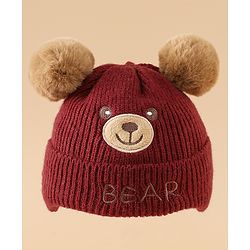 Babyhug Woollen Pom Pom Cap With Bear Design Brown - Diameter 11 cm