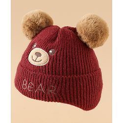 Babyhug Woollen Pom Pom Cap With Bear Design Brown - Diameter 11 cm