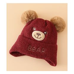 Babyhug Woollen Pom Pom Cap With Bear Design Brown - Diameter 11 cm