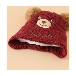Babyhug Woollen Pom Pom Cap With Bear Design Brown - Diameter 11 cm